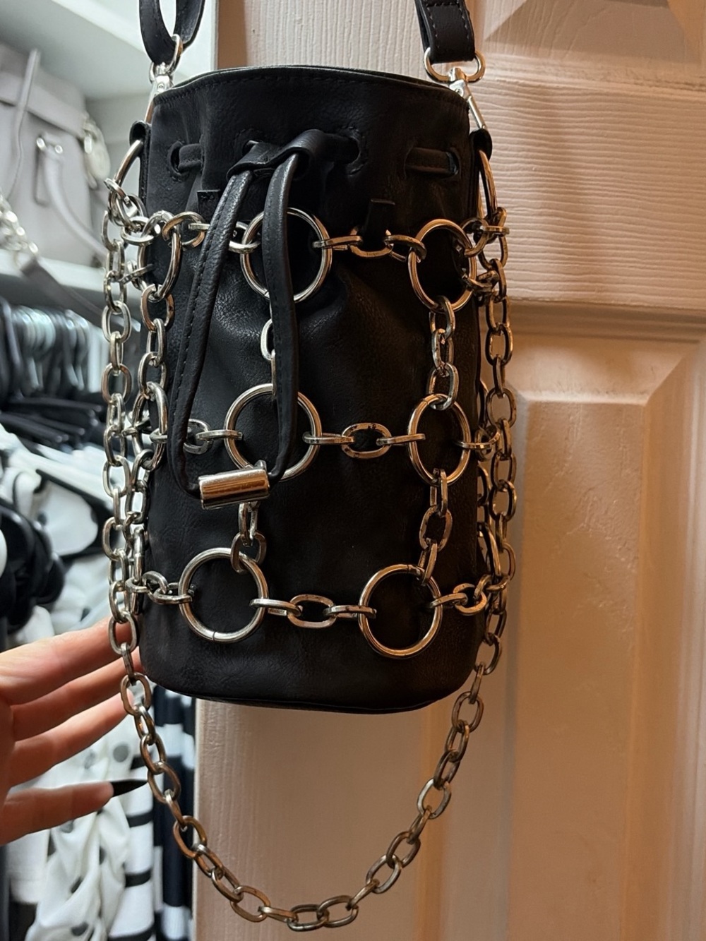 Dolls Kill Black Bucket Bag with Silver Chain Lattice